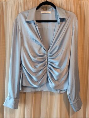ASTR Pale Blue Ruched Satin Button-Down Blouse